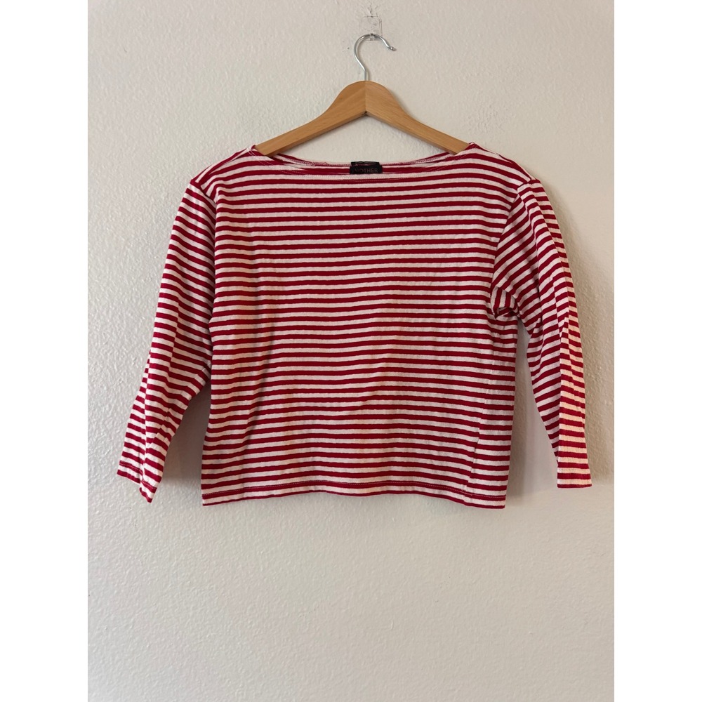 Mother The Skipper Bell Striped Boat Neck Top XS Red Natural Excellent